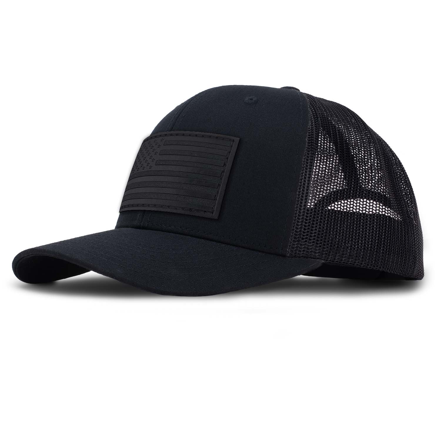 Blackout American Flag Leather Patch hat on all black classic trucker hat