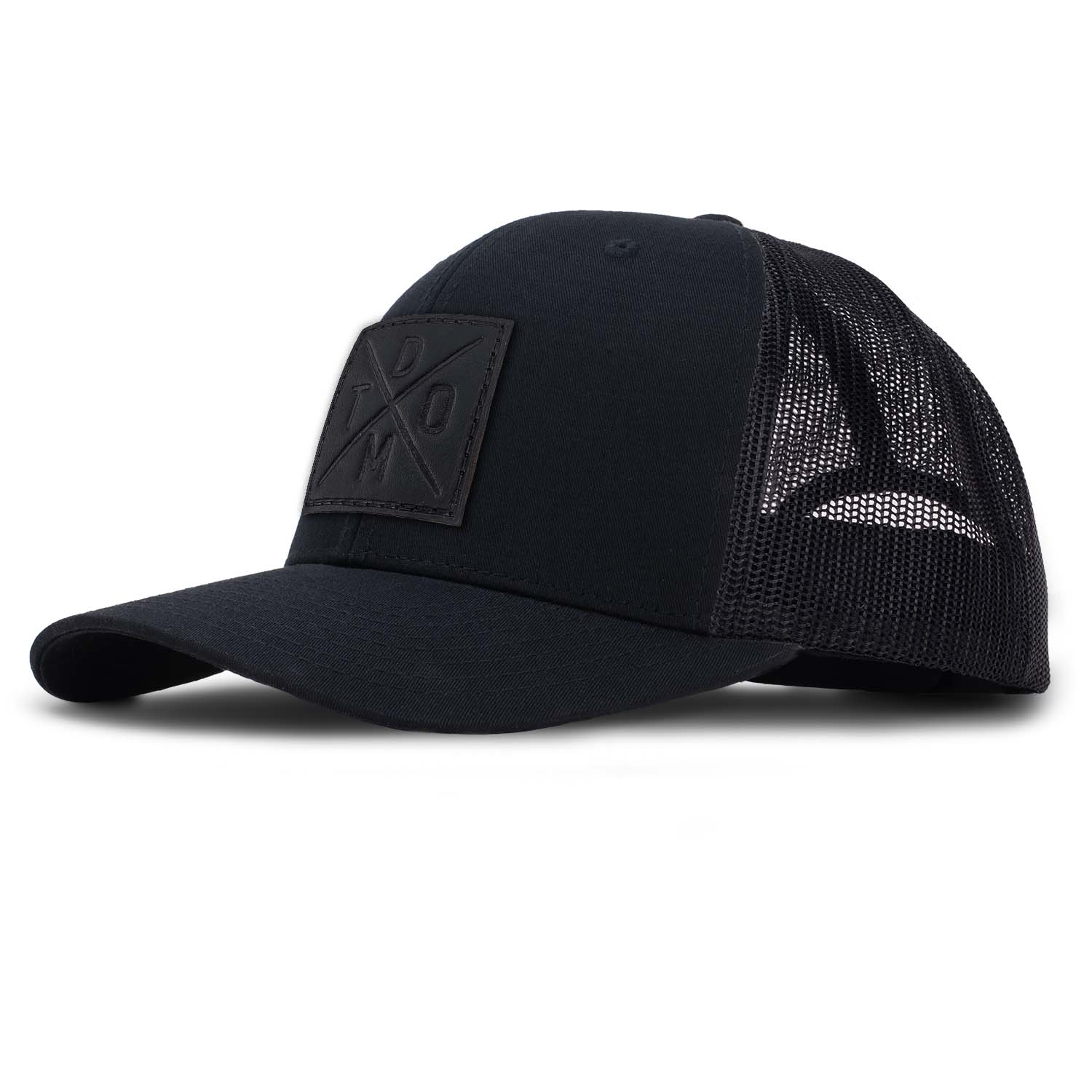 Blackout DTOM Leather patch on all black classic trucker hat