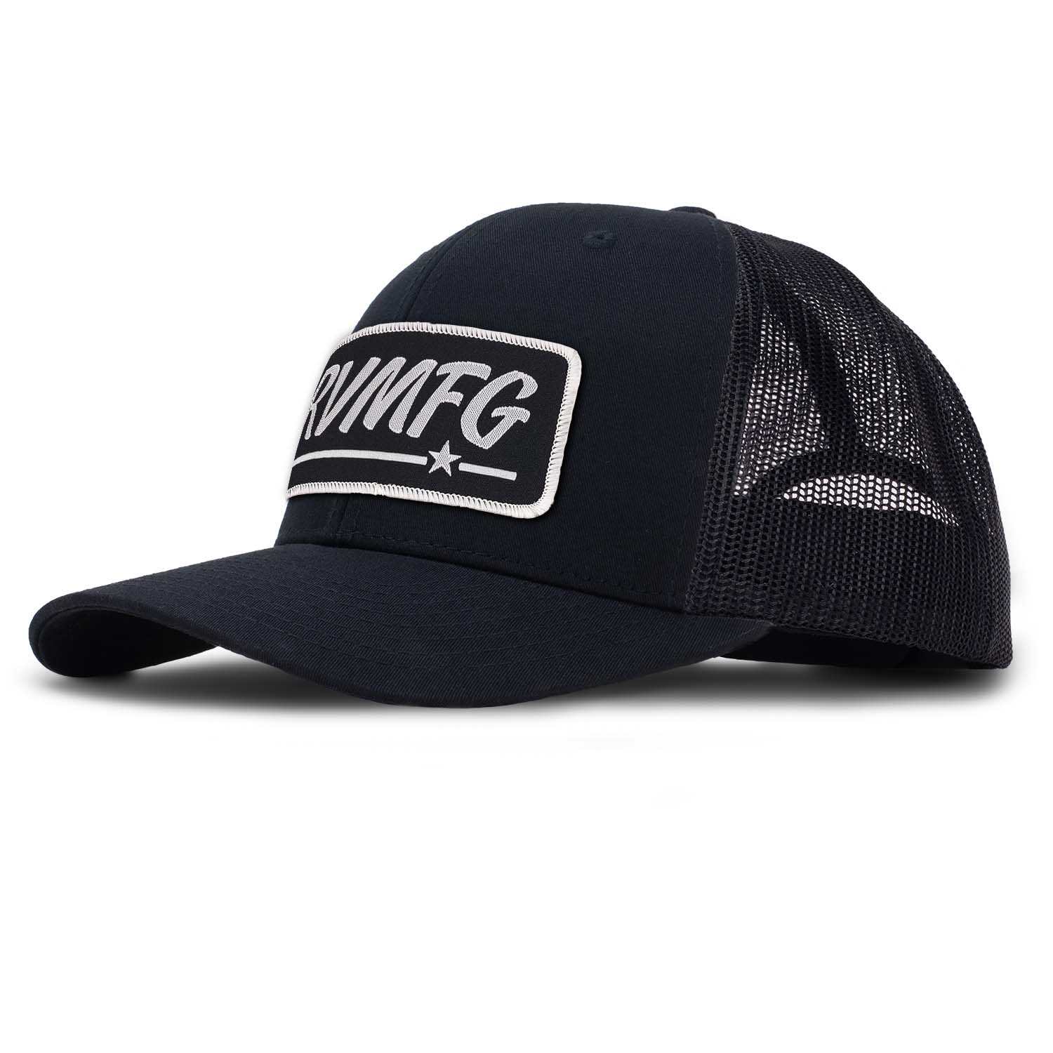 Revolution Mfg classic trucker hat in black with black mesh with a black woven RVMFG patch with white letters and a white border 