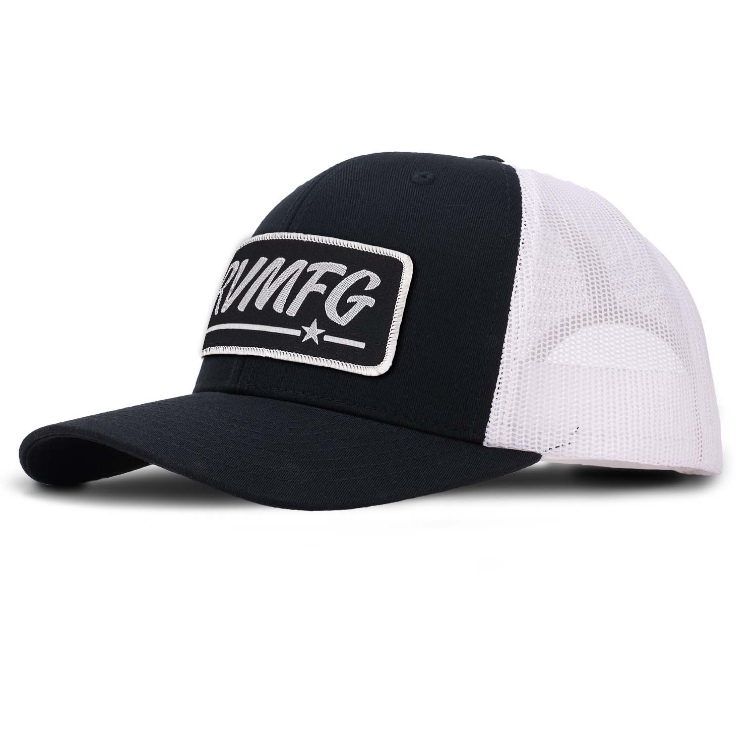 Revolution Mfg classic trucker hat in black with white mesh with a black woven RVMFG patch with white letters and a white border