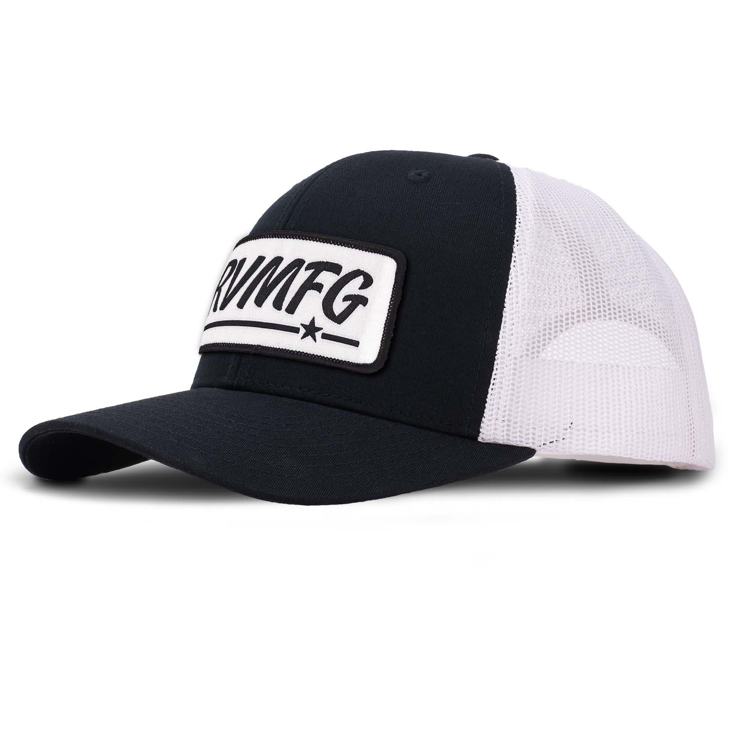 Revolution Mfg classic trucker hat in black with white mesh with a white woven RVMFG patch with black letters and a black border