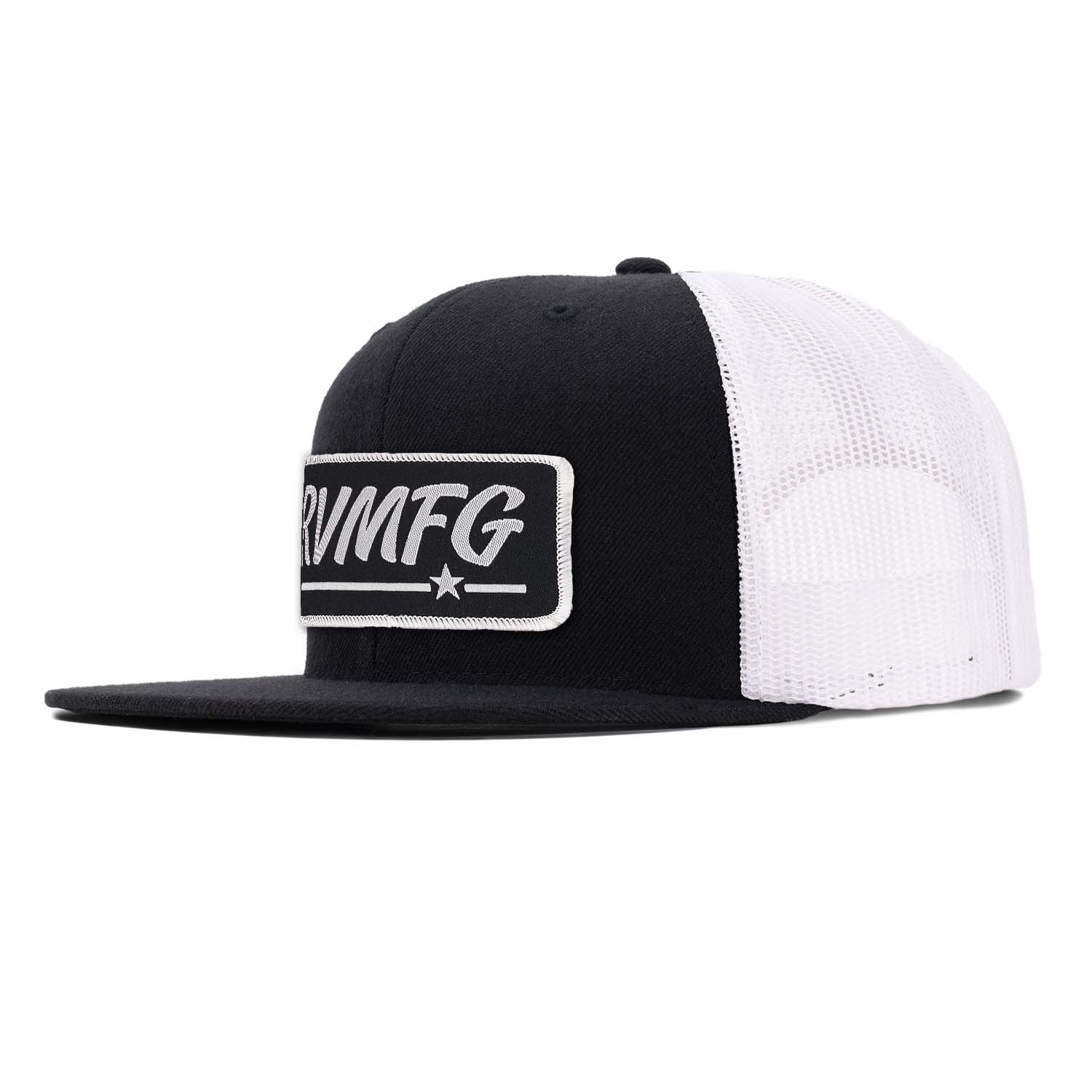 Revolution Mfg flat bill trucker hat in black with white mesh with a woven black RVMFG patch with white letters and white border