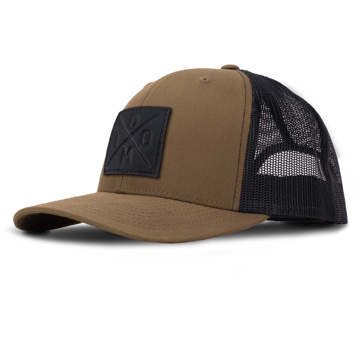 Black Don't Tread on Me debossed full grain leather patch on a coyote and black classic trucker hat