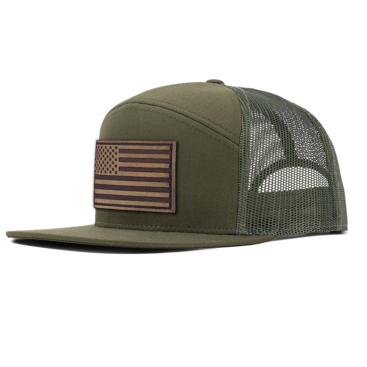 Revolution Mfg dark loden with loden mesh 7 panel trucker featuring our full grain leather antique finish American Flag patch on the seamless front panel.