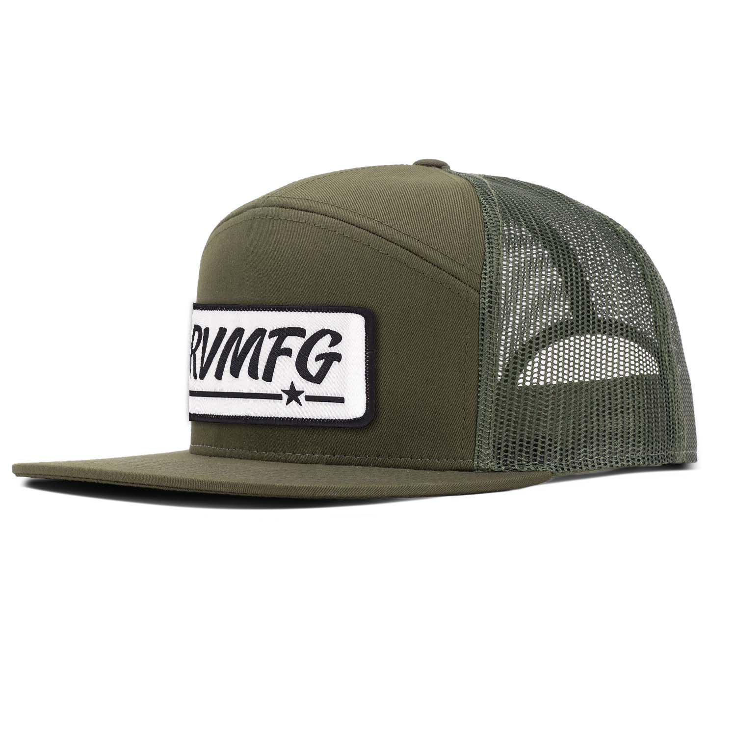 Revolution Mfg all loden green 7 panel flat bill with white RVMFG woven patch with black letters and black border