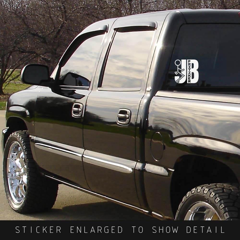 American Made White Vinyl Die Cut Fuck JB Pritzker Stick Figure Decal for Car or Truck shown on back window of black truck