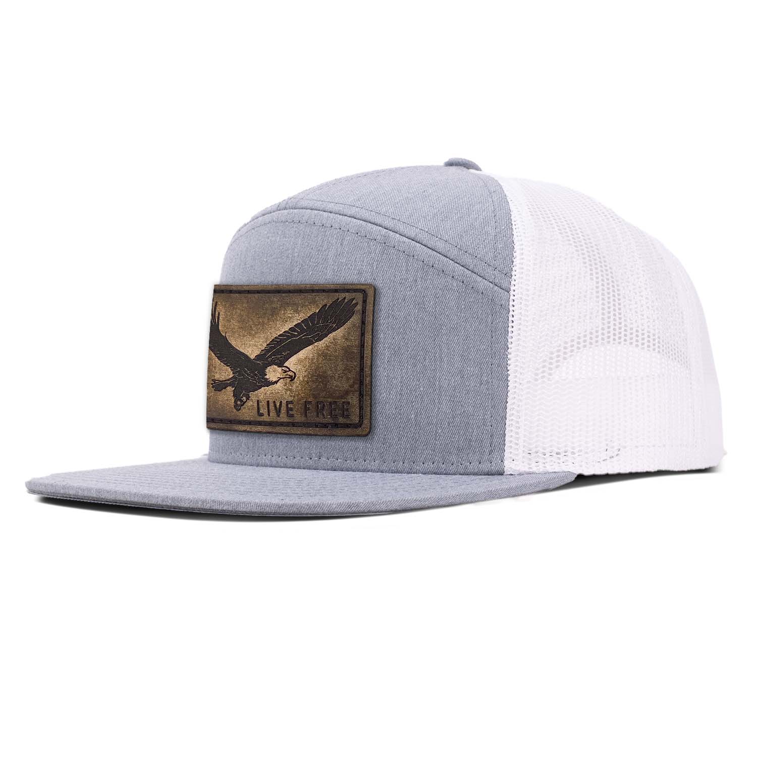 Revolution Mfg heather gray with white mesh 7 panel trucker featuring our full grain leather vintage Live Free patch on the seamless front panel