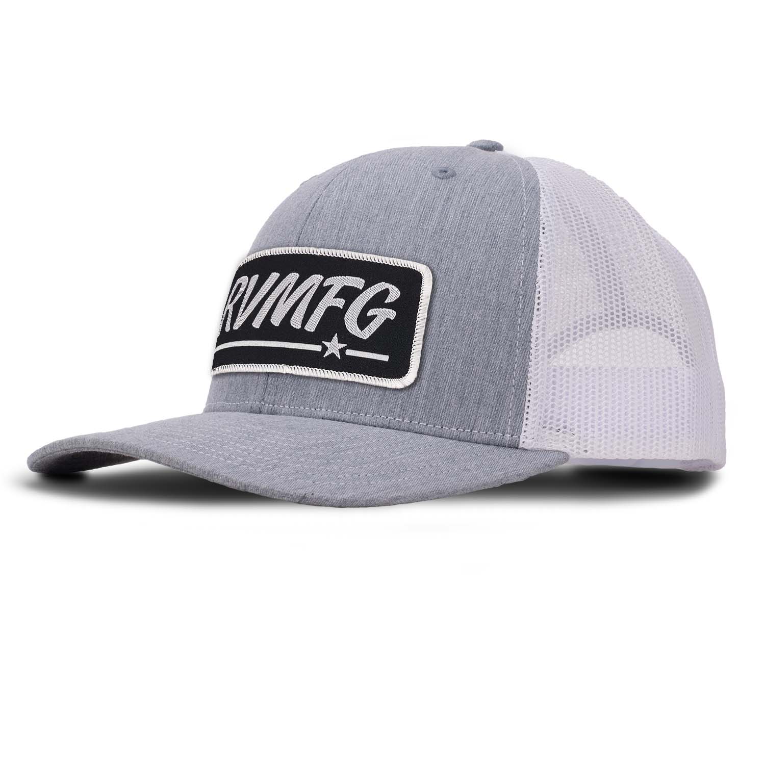 Revolution Mfg classic trucker hat in heather gray with white mesh with a black woven RVMFG patch with white letters and a white border