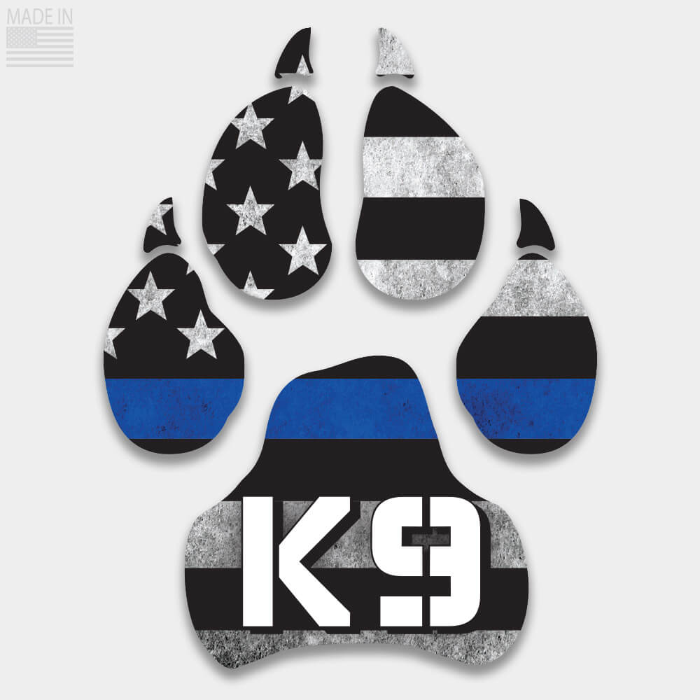 Die Cut K-9 Thin Blue Line dog paw decal with horizontal flag