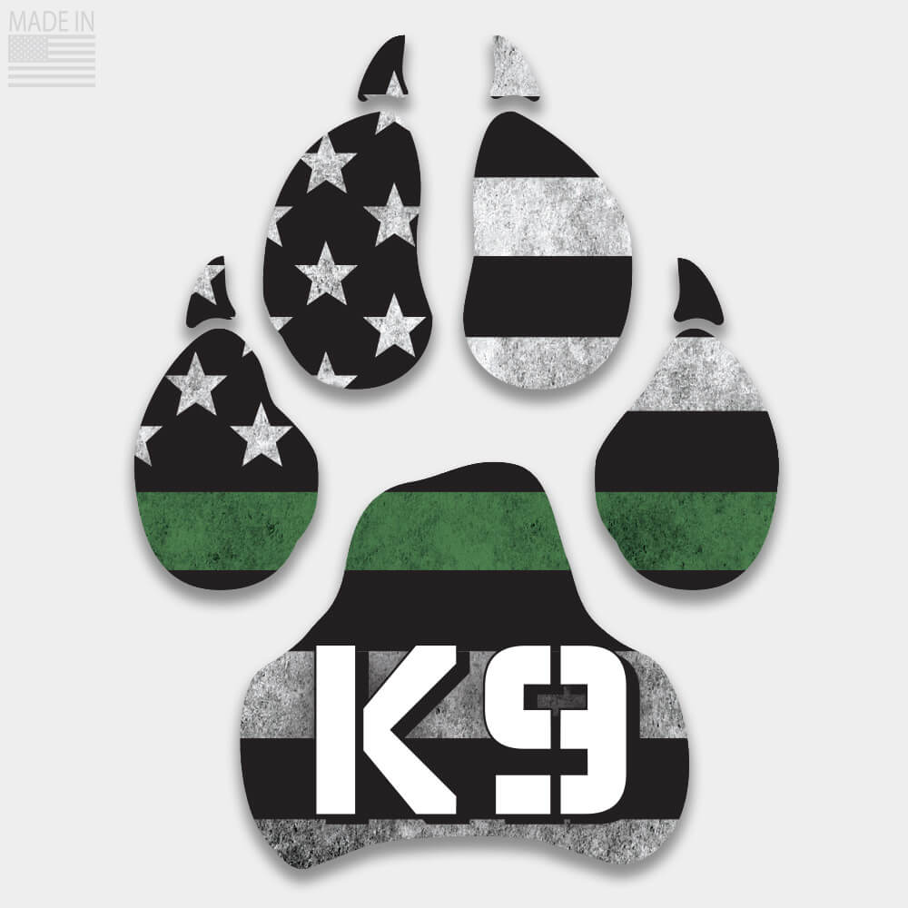 Thin Green Line K9 die cut dog paw decal with horizontal flag