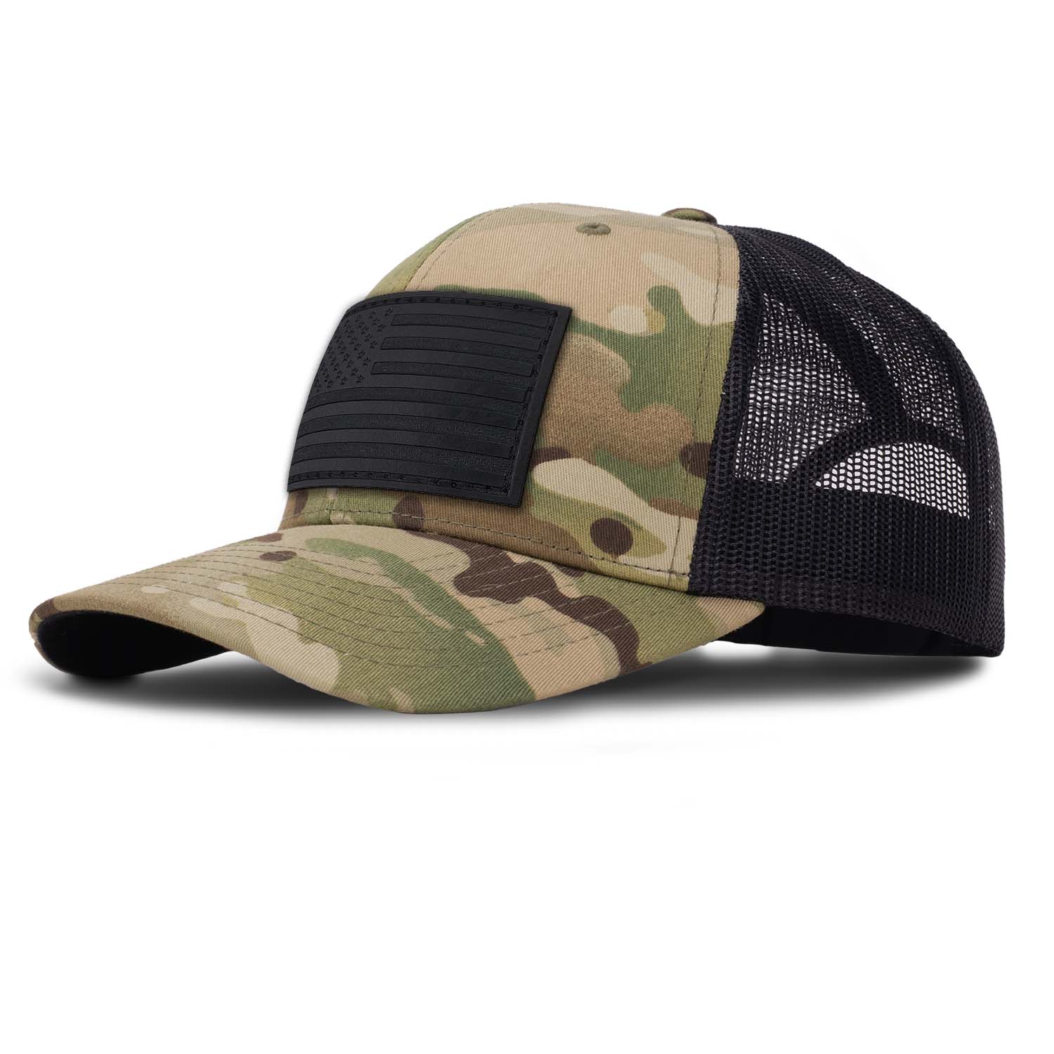 Revolution Mfg full grain black leather American Flag patch on a multicam camo with black mesh classic mid-profile, curved bill trucker hat