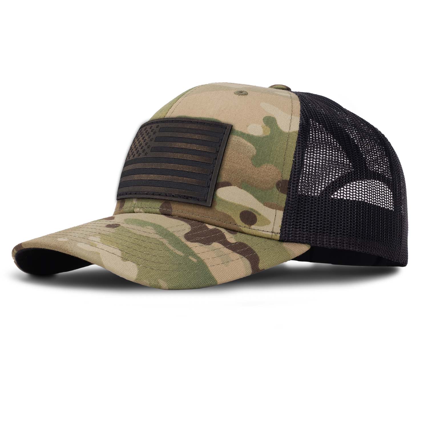 Revolution Mfg classic trucker hat in multicam camo with black mesh with a dark brown full grain leather American flag patch