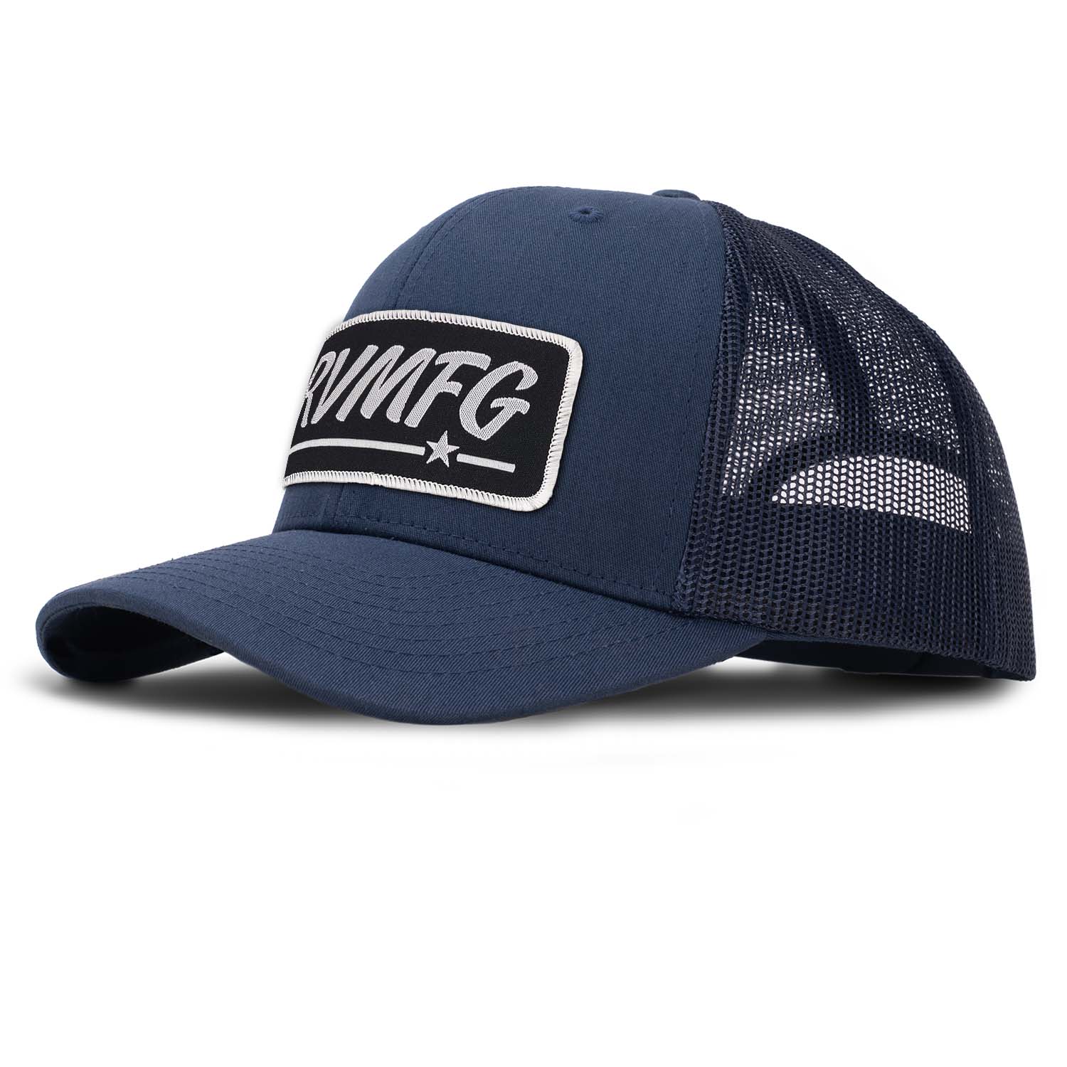 Revolution Mfg classic trucker hat in navy with navy mesh with a black woven RVMFG patch with white letters and a white border