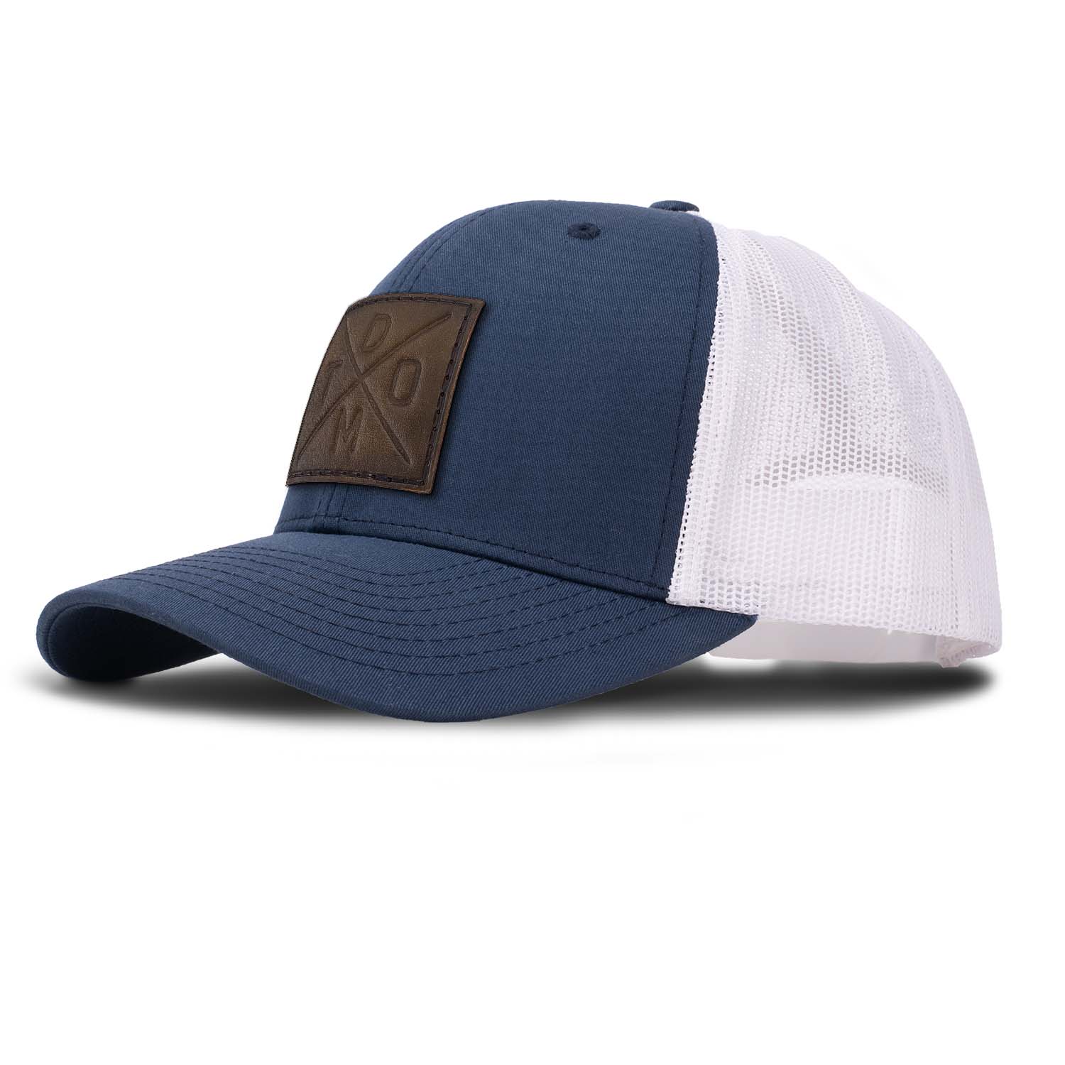 Revolution Mfg full grain leather debossed don't tread on me DTOM patch on a navy trucker hat with white mesh