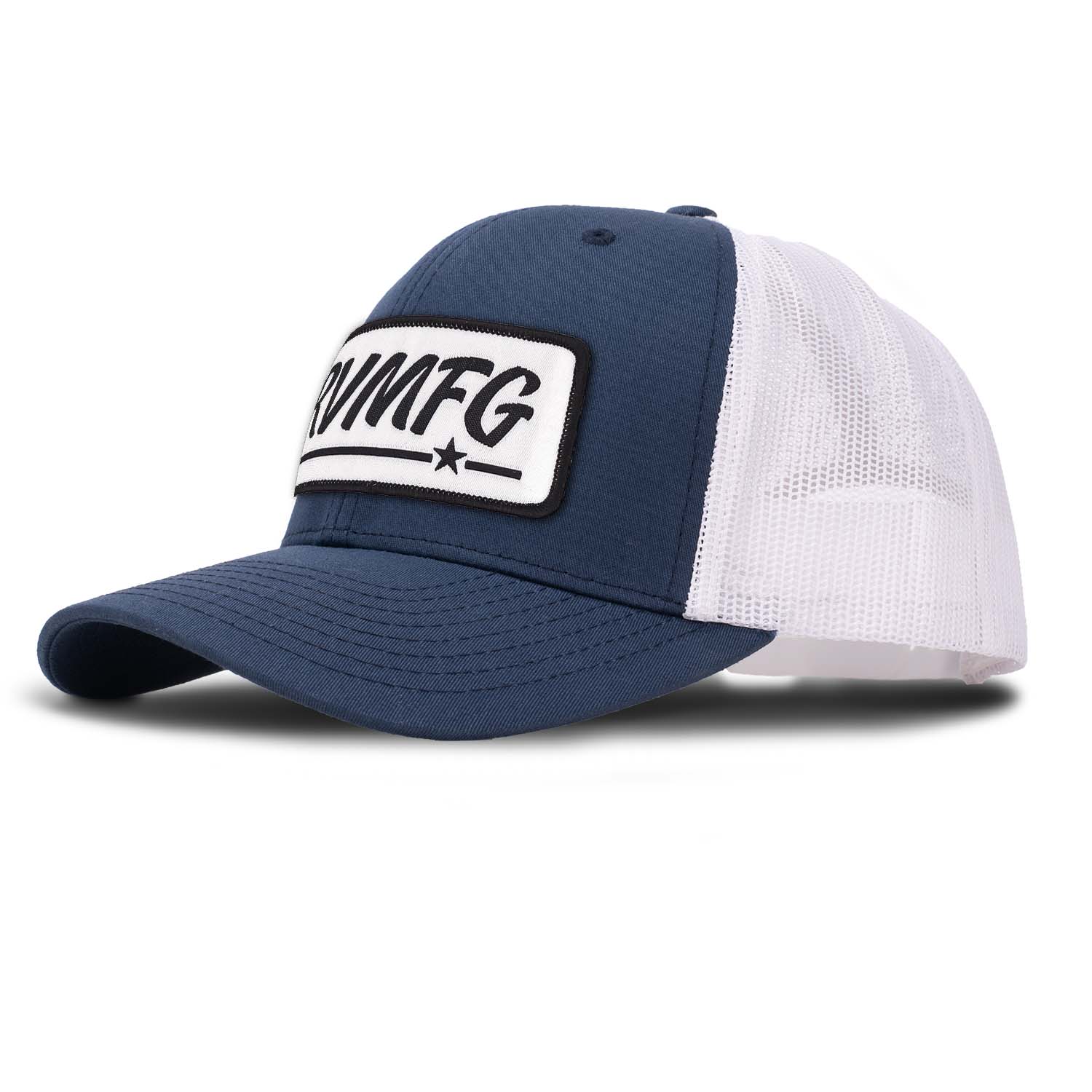 Revolution Mfg classic trucker hat in navy with white mesh with a white woven RVMFG patch with black letters and a black border