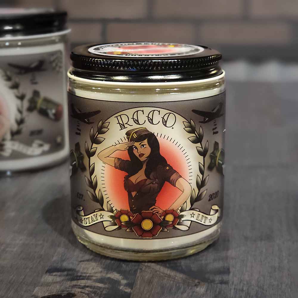 American Made Traditional Tattoo-inspired designs Bombshell feminine perfume type scent Soy blend candle Revolution Candle Co Military pinup girl style Pink Red flowers WW2 Bombers