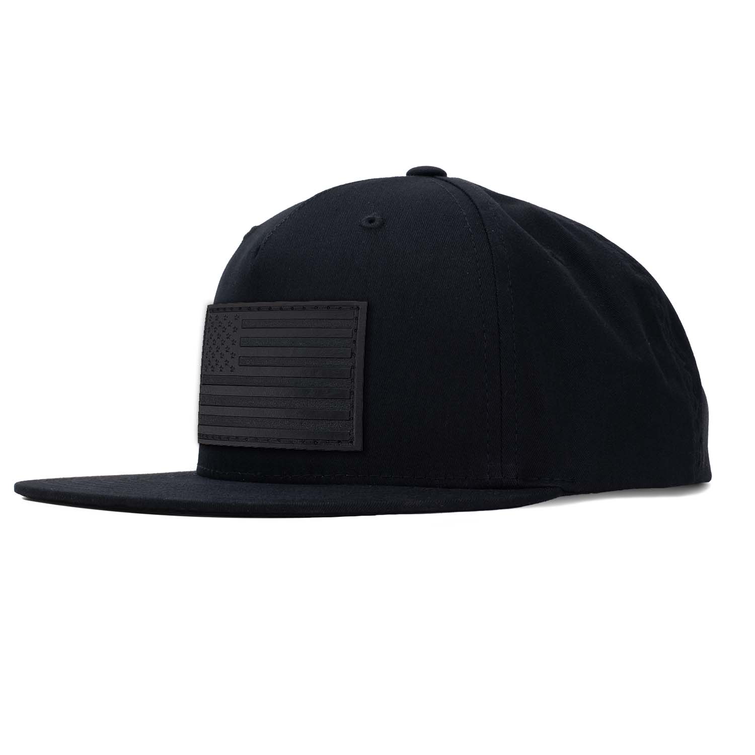 Revolution Mfg black all poly/cotton fabric pinch front flat bill snapback with our black full grain leather American flag patch