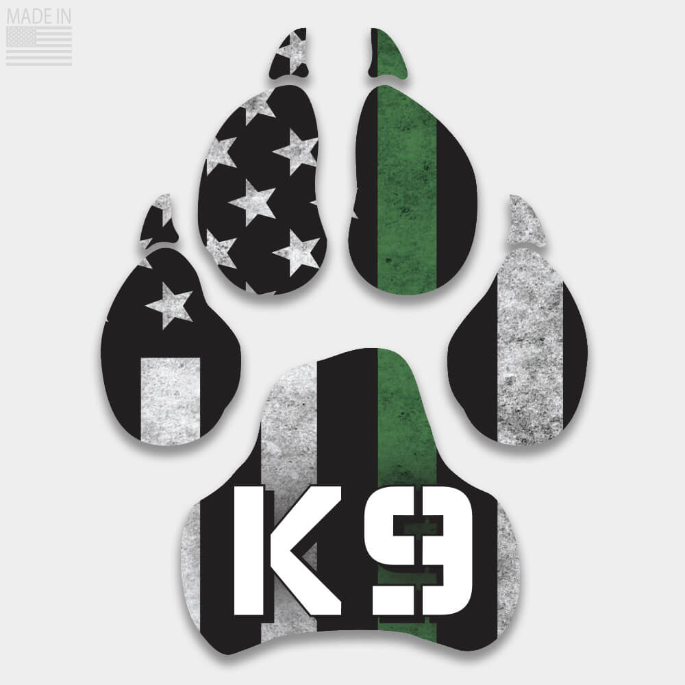 Thin Green Line K9 die cut dog paw decal with vertical flag
