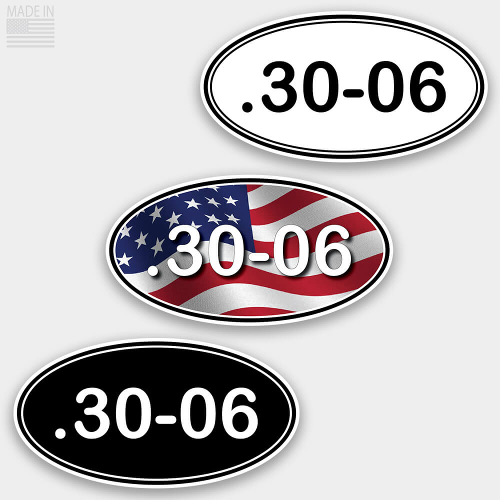American Made Rifle Caliber Marathon Style Oval Stickers in Black with White Text, White with Black Text, and Red White and Blue American Flag with White Text for cars and trucks in .30-06