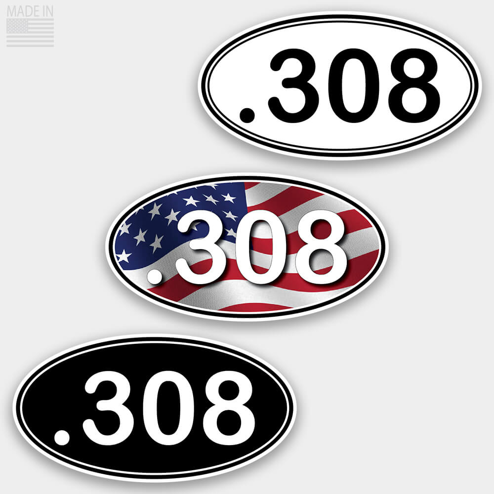 American Made Rifle Caliber Marathon Style Oval Stickers in Black with White Text, White with Black Text, and Red White and Blue American Flag with White Text for cars and trucks in .308