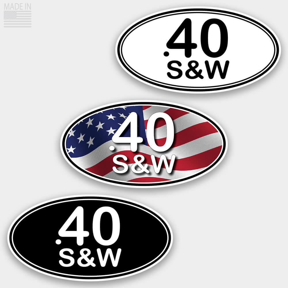 American Made Pistol Caliber Marathon Style Oval Stickers in Black with White Text, White with Black Text, and Red White and Blue American Flag with White Text for cars and trucks in .40 S&W
