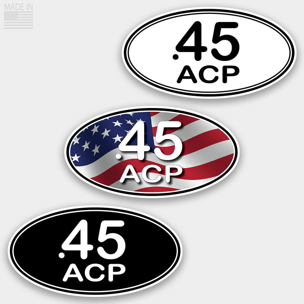 American Made Pistol Caliber Marathon Style Oval Stickers in Black with White Text, White with Black Text, and Red White and Blue American Flag with White Text for cars and trucks in .45 ACP