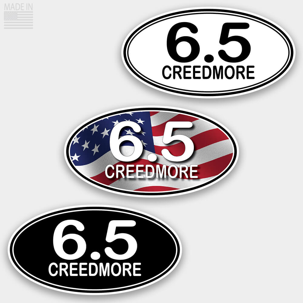 American Made Rifle Caliber Marathon Style Oval Stickers in Black with White Text, White with Black Text, and Red White and Blue American Flag with White Text for cars and trucks in 6.5 Creedmore
