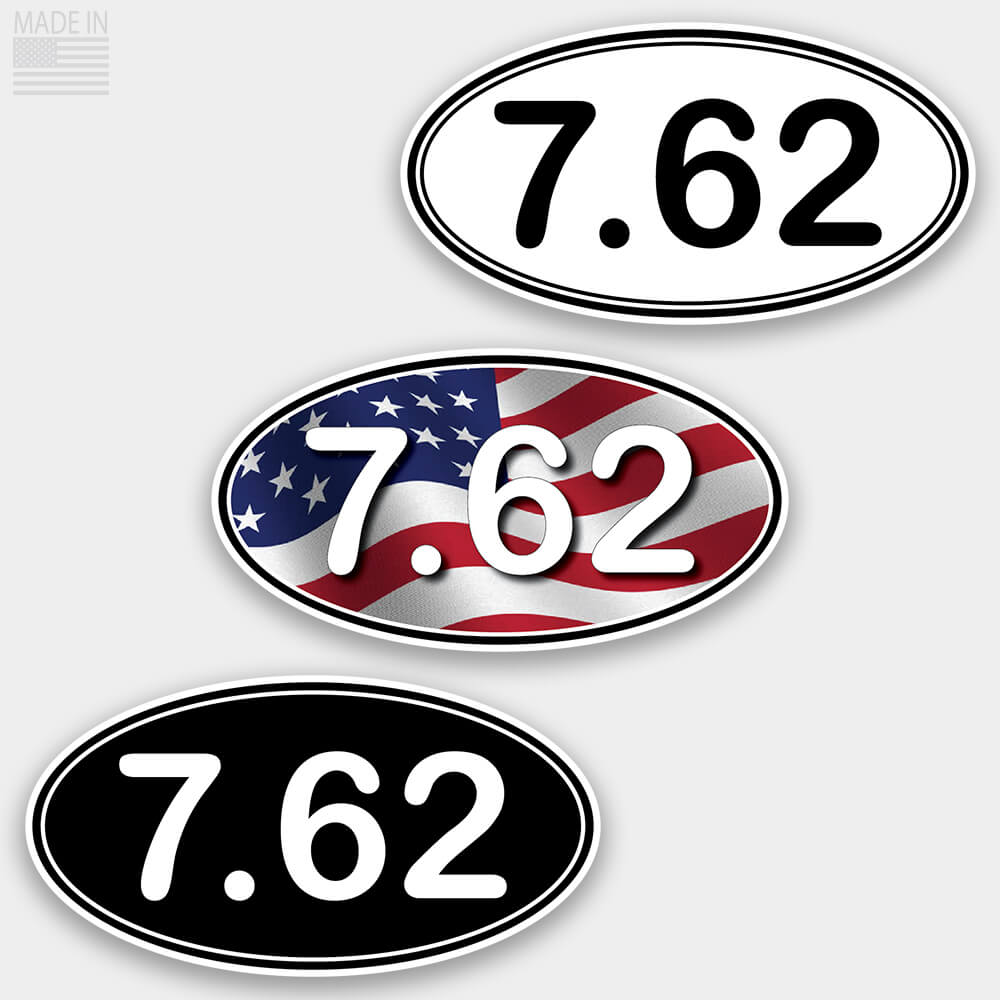 American Made Rifle Caliber Marathon Style Oval Stickers in Black with White Text, White with Black Text, and Red White and Blue American Flag with White Text for cars and trucks in 7.62