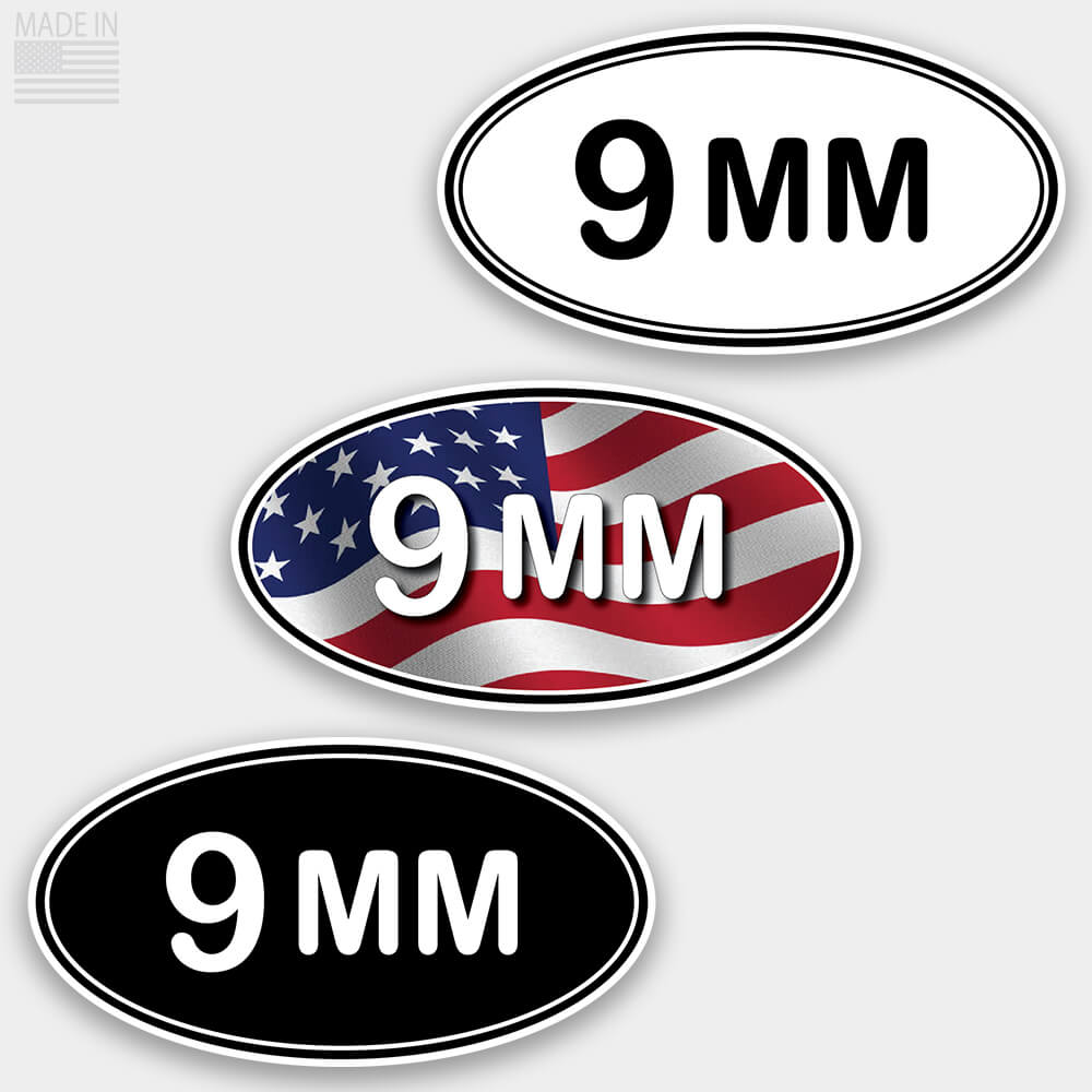 American Made Pistol Caliber Marathon Style Oval Stickers in Black with White Text, White with Black Text, and Red White and Blue American Flag with White Text for cars and trucks in 9 mm