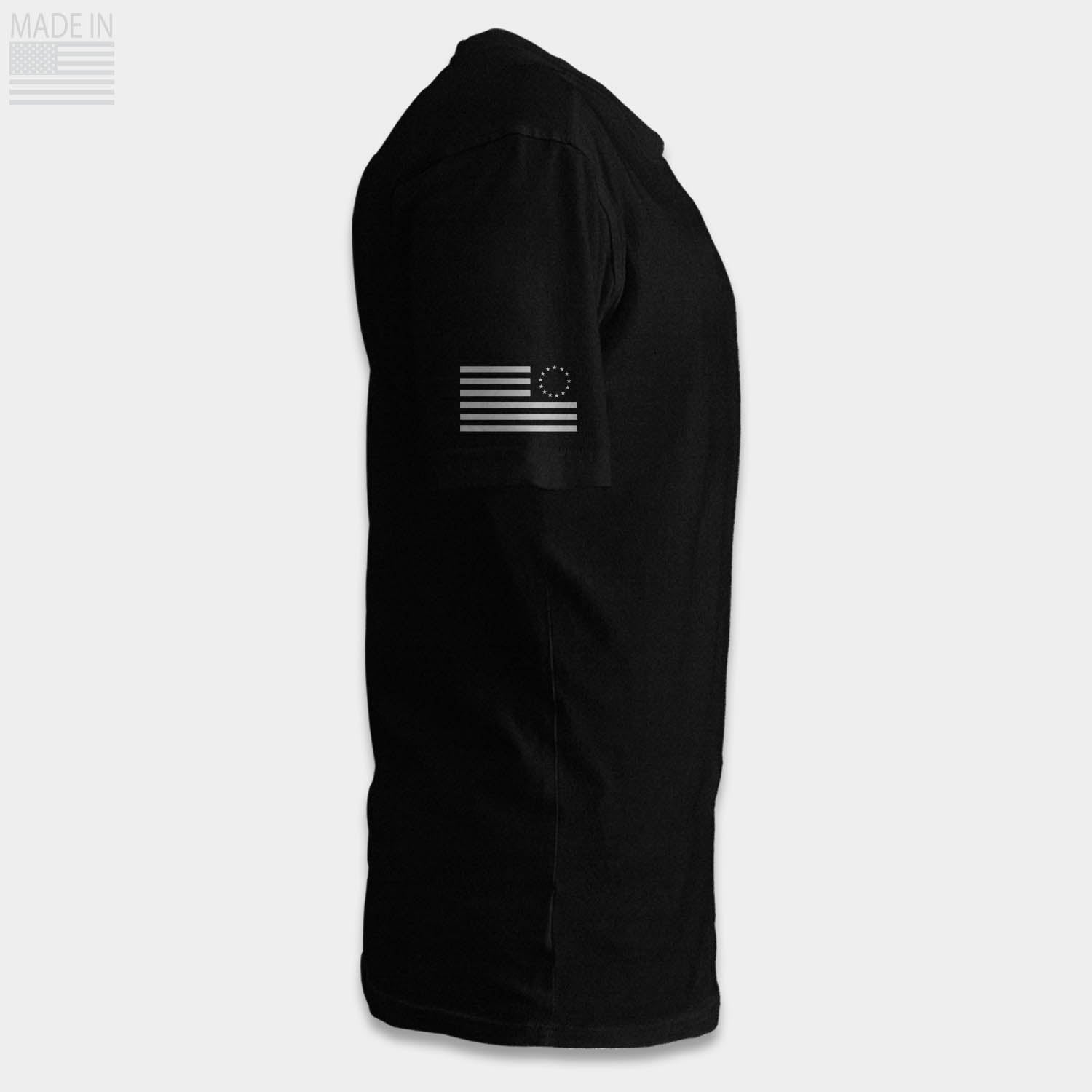 Betsy Ross flag is found on the right sleeve of our patriotic USA Made shirts