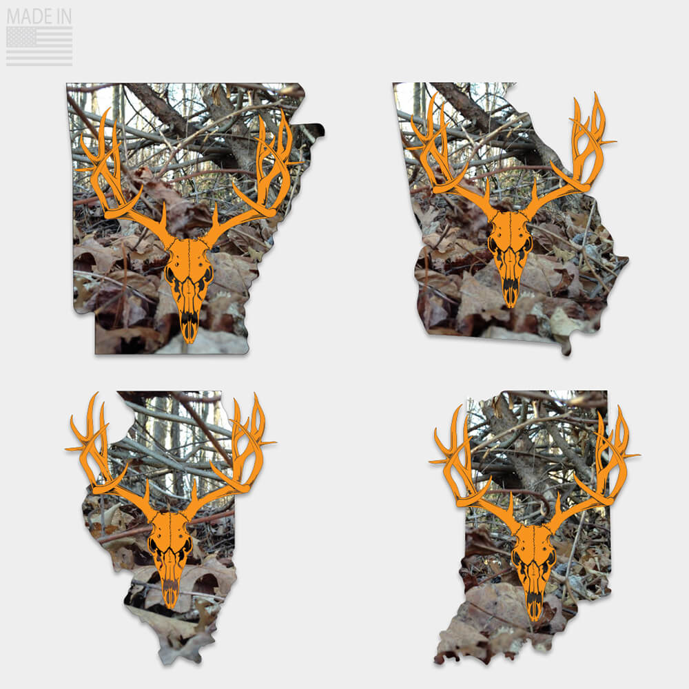 State camo whitetail deer skull sticker Arkansas, Georgia, Illinois, Indiana