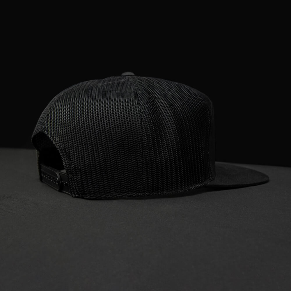 All black 7 panel snapback trucker hat