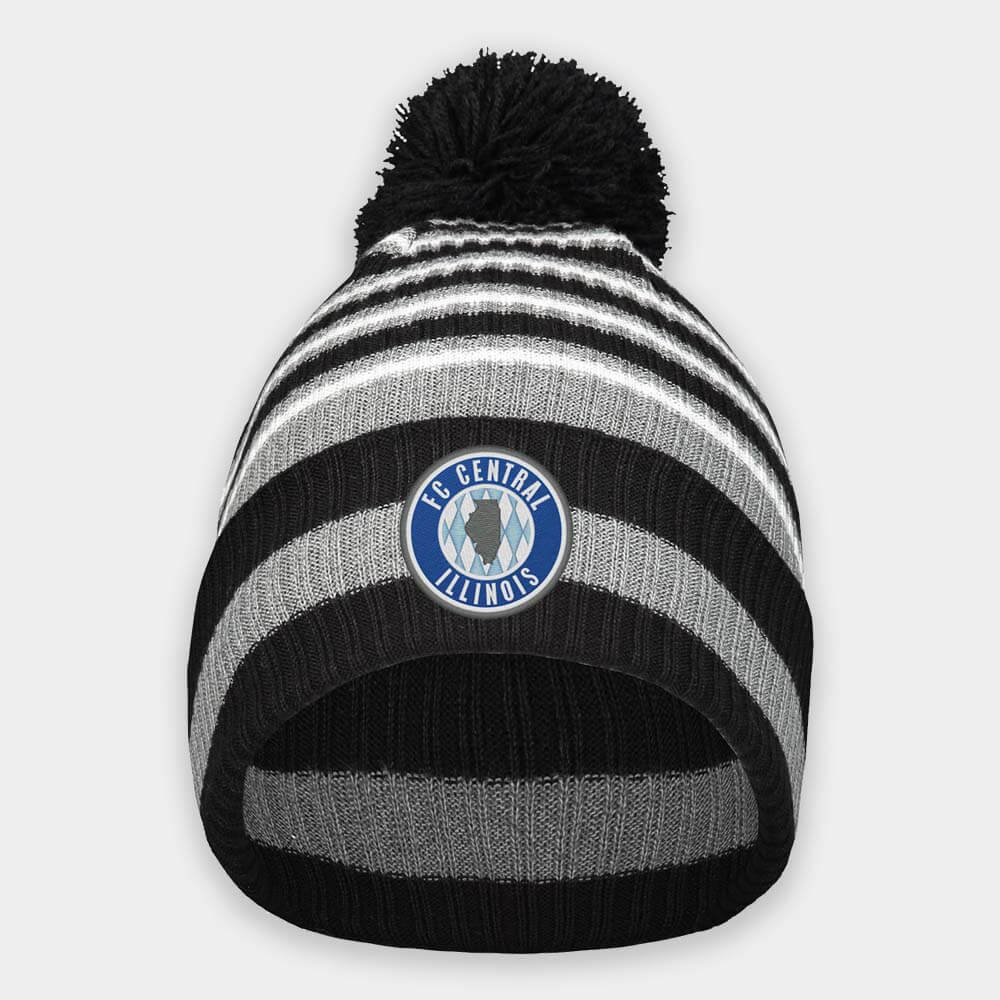 FC Central Illinois soccer club black pom beanie with team color embroidery