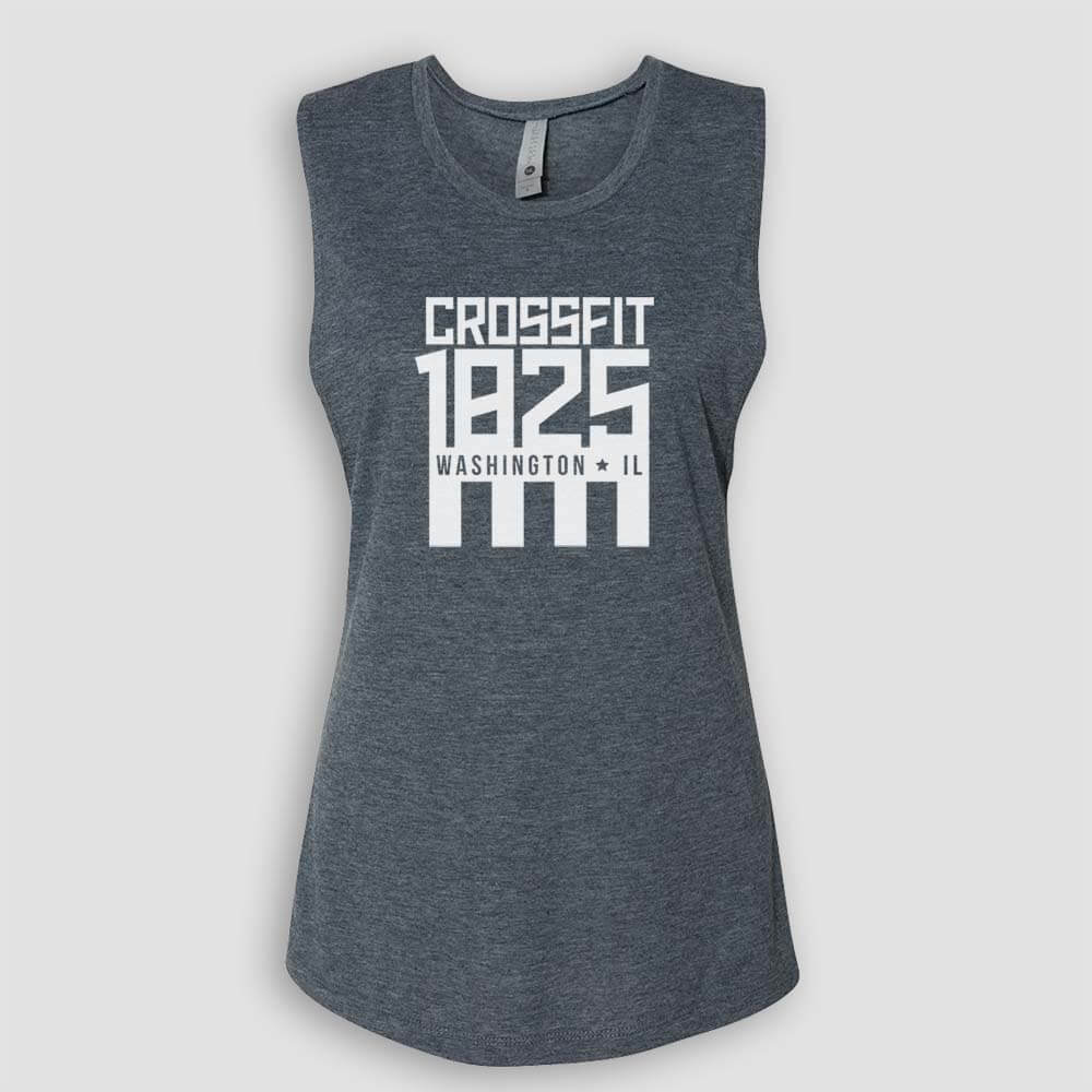 Crossfit 1825 in Washington Illinois Women's Antique Denim Blue Sleeveless Muscle Tank Top with White logo screen printed on front for gym