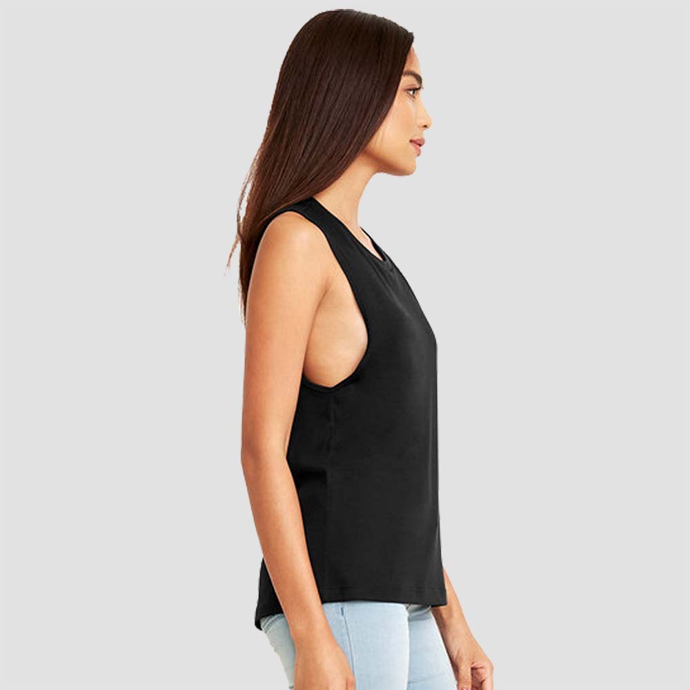 Crossfit 1825 in Washington Illinois Women's Sleeveless Muscle Tank Top with Red White and Blue logo screen printed on front for gym side view