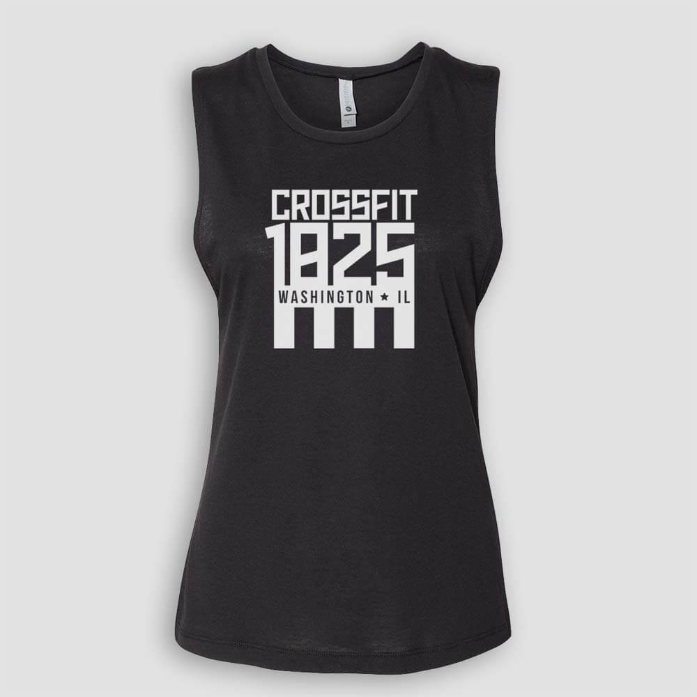 Crossfit 1825 in Washington Illinois Women's Black Sleeveless Muscle Tank Top with White logo screen printed on front for gym