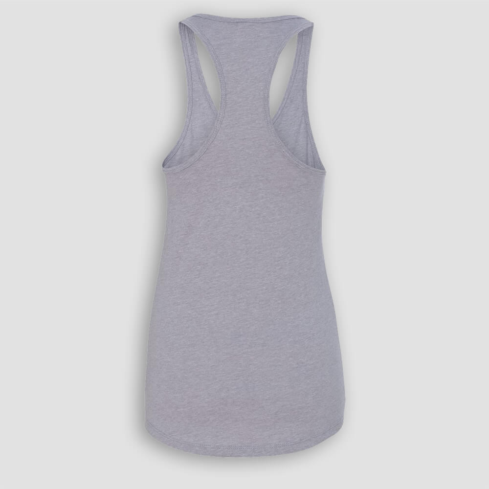 Crossfit 1825 in Washington Illinois Women's Heather Gray Racerback Tank Top with Red White and Blue logo screen printed on front for gym back view