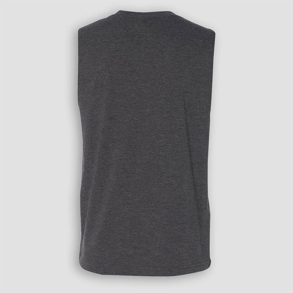 Crossfit 1825 in Washington Illinois Unisex Dark Gray Heather Sleeveless Muscle Tank Top with Red White and Blue logo screen printed on front for gym back view