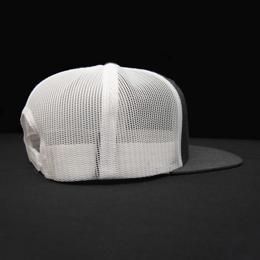 Charcoal-White flat bill trucker hat snapback rear view