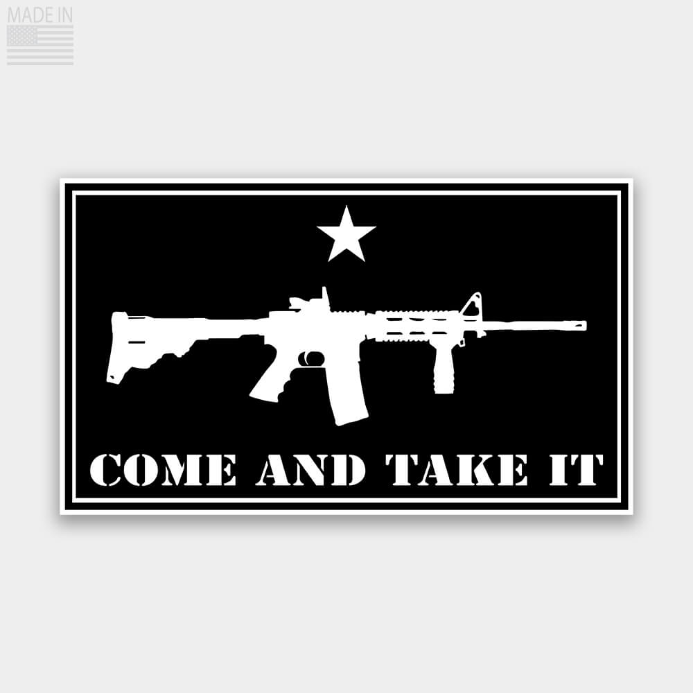 American Made Come and Take It Rectangle Sticker Decal with AR15 and a Star and military style text in black with white text for cars and trucks