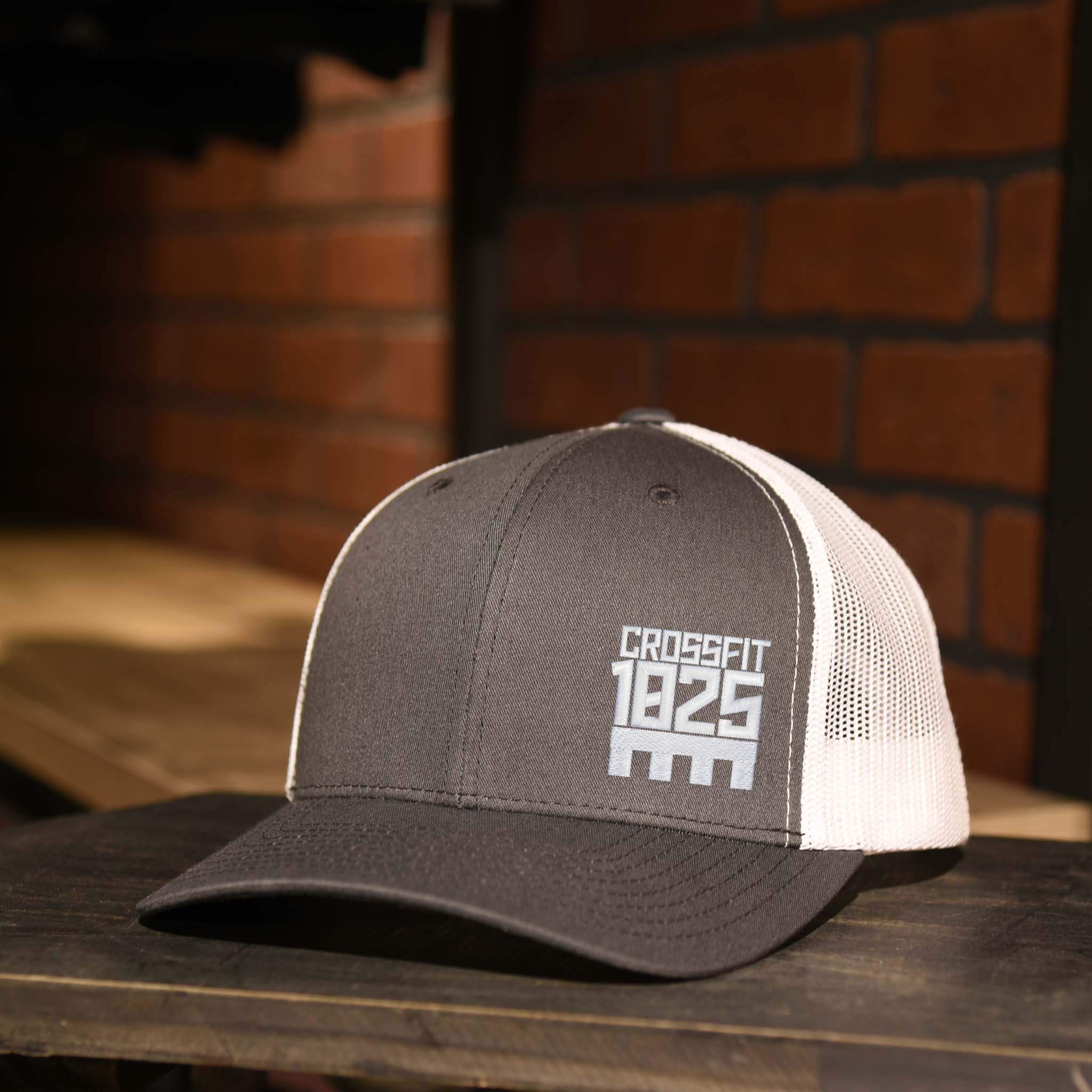 CrossFit 1825 White Embroidered Logo Trucker Hat in Charcoal and White