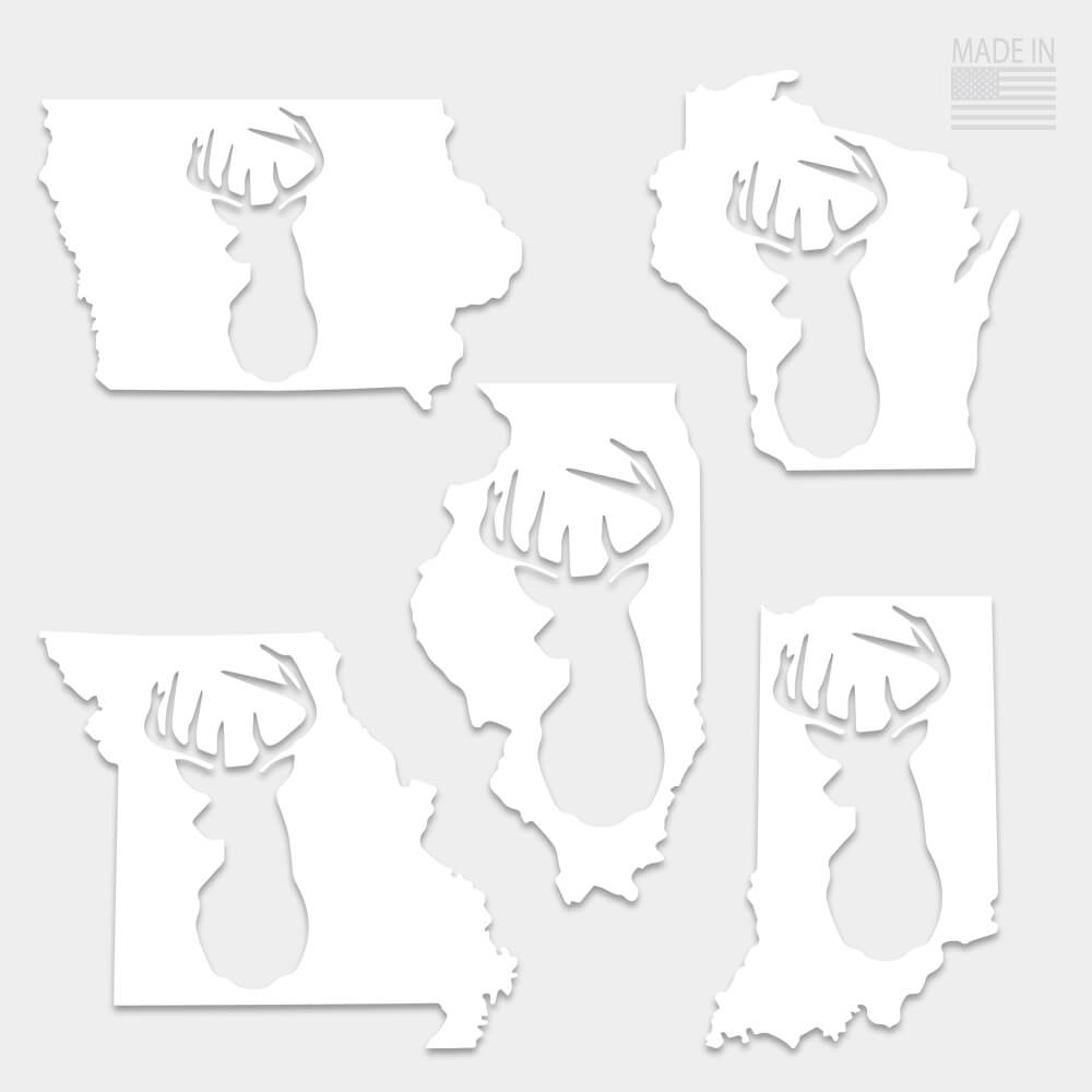 American Made white vinyl die-cut state decal Iowa Wisconsin Illinois Indiana Missouri with a whitetail deer silhouette cut out of state