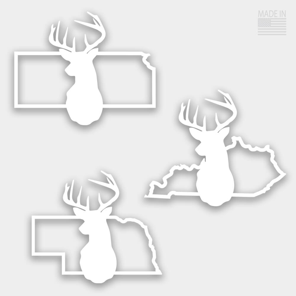 American Made die cut state outline white vinyl decal sticker Kansas Kentucky Nebraska with solid silhouette of deer head in the center