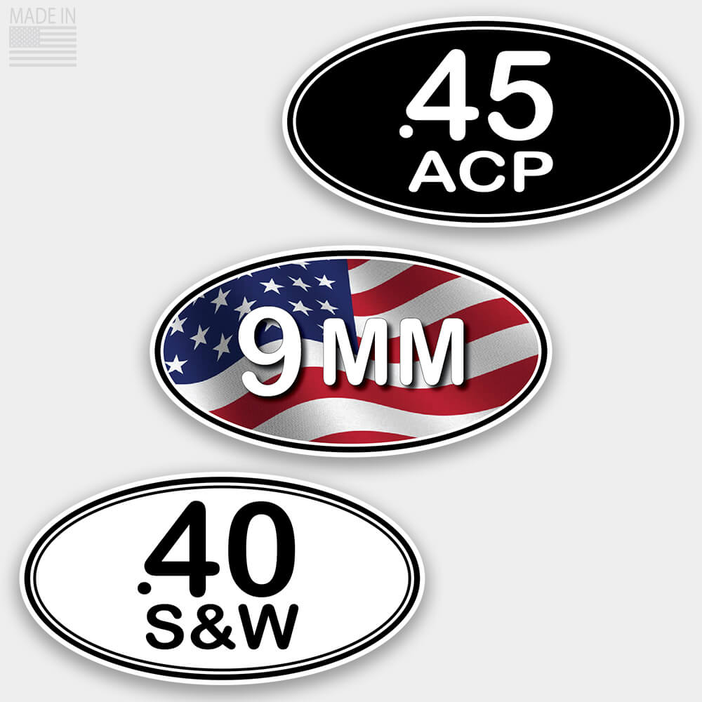 American Made Pistol Caliber Marathon Style Oval Stickers in Black with White Text, White with Black Text, and Red White and Blue American Flag with White Text for cars and trucks .45 ACP, .40 S&W, or 9 mm