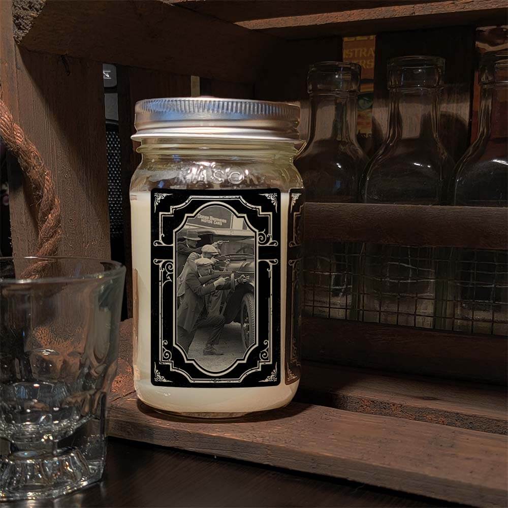 16oz Mason Jar Vintage Collection Candle - Gangster scent - Handcrafted in the USA-Prohibition Era inspired designs-side image tommy guns
