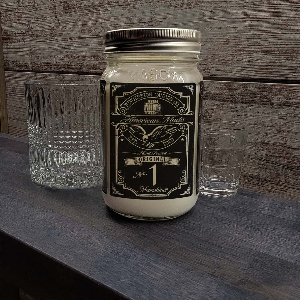 16oz Mason Jar Vintage Collection Candle - Moonshiner scent - Handcrafted in the USA-Prohibition Era inspired designs-whiskey type label