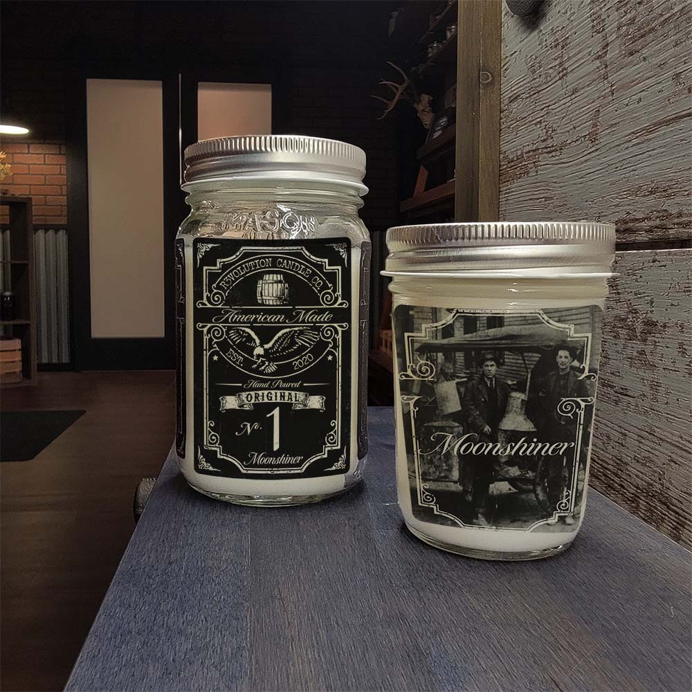 16oz and 8oz Mason Jar Vintage Collection Candle - Moonshiner scent - Handcrafted in the USA-Prohibition Era inspired designs