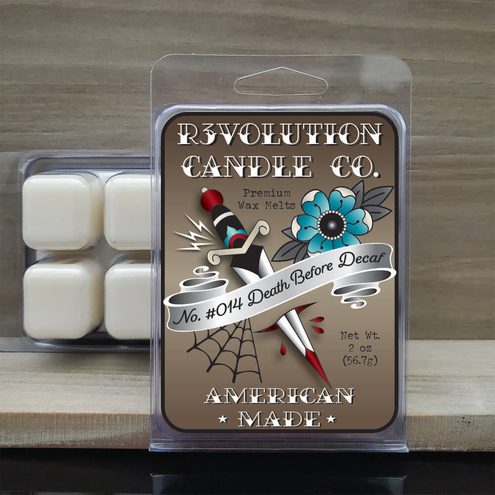 Tattoo inspired wax melts from Revolution Candle Co. Death before Decaf Coffee Tattoo wax melts