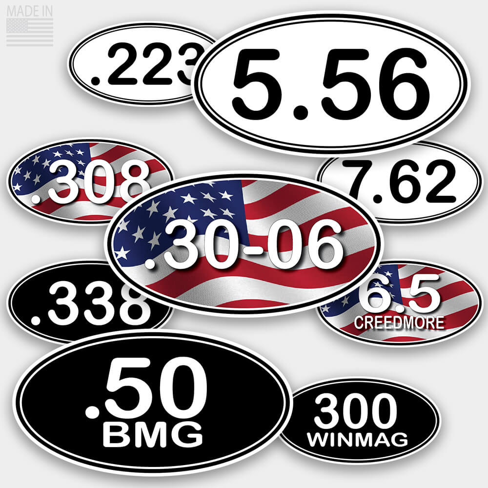 American Made Rifle Caliber Marathon Style Oval Stickers in Black with White Text, White with Black Text, and Red White and Blue American Flag with White Text for cars and trucks in .223, 5.56, 7.62, .308, .30-06, 6.5 Creedmore, .338, .50 BMG, 300 WinMag