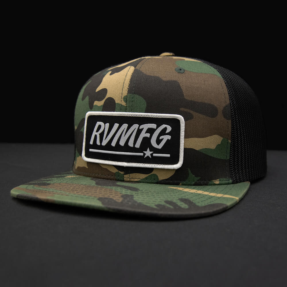 Woodland-Black flat bill trucker hat with Black RVMFG patch